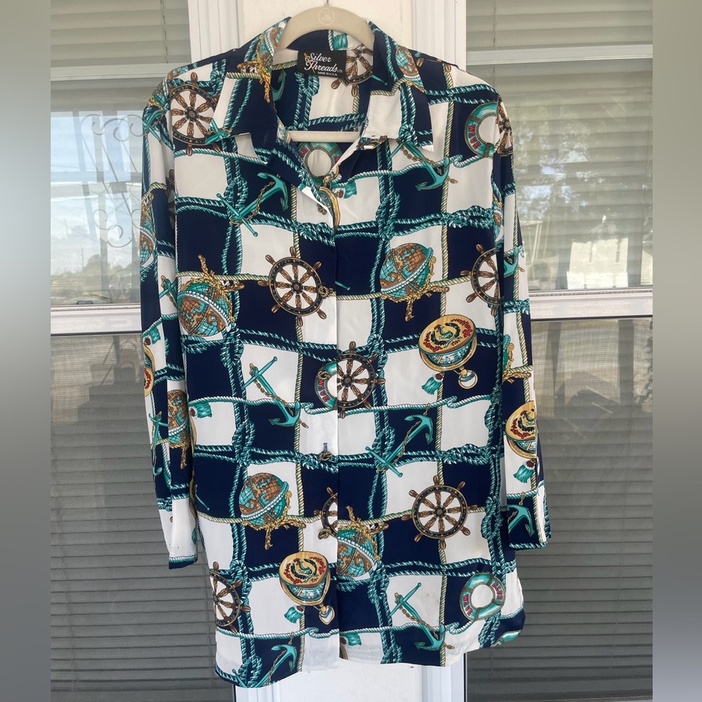 Silver Threads Vintage Blouse Nautical Print
